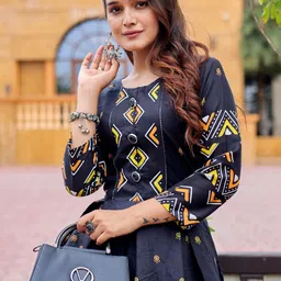 HERE&NOW Women Printed Round Neck Embroidery Work Ethnic Dress image 5