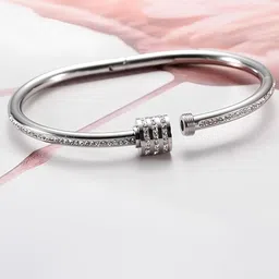 KARISHMA KREATIONS Silver-Plated Cubic Zirconia Stainless Steel Cuff Bracelet-picture-33