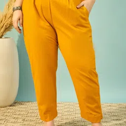 DressBerry Women Mustard Cotton Solid Regular Trousers-image-65