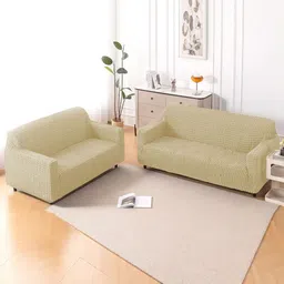 HOKIPO Aria Nova Beige 2 Pieces Self Design 5 Seater Sofa Cover With Arms-picture-18