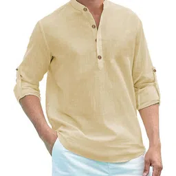 KNOWTED Mandarin Collar Roll-Up Sleeves Straight Short Kurta image 4