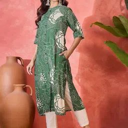 Sangria Women Floral Printed Mandarin Collar A-Line Kurta image 3