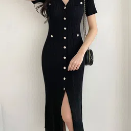 all about you Women Self Design V-Neck Short Sleeves Sheath Midi Dress-picture-25