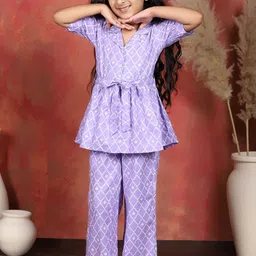 YK Girls Purple Cotton Blend Printed Kurta and Pant Set image 5