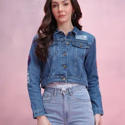 DressBerry Typography Patchwork Detail Crop Denim Jacket image 4