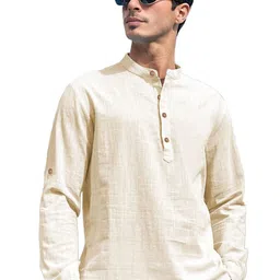 BHUVIKOO Band Collar Roll-Up Sleeves Cotton Short Kurta-image-62