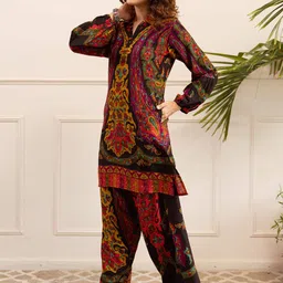 Sangria Ethnic Motifs Printed Shirt Collar Kurta With Palazzo image 2