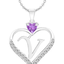 Heer Collection Cubic Zircon Studded Heart Shape Alphabet 'V' Pendant With Chain-picture-40