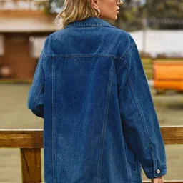 Oh Rare Spread Collar Drop-Shoulder Sleeves Pockets Denim Jackets image 3