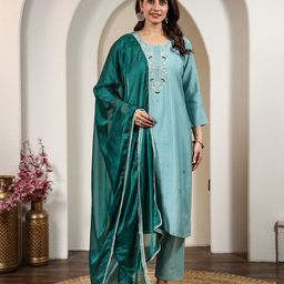 Anouk Rustic Floral Embroidered Thread Work Straight Kurta With Trousers & Dupatta-picture-32