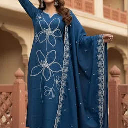 Ethnic 3 You Women Floral Embroidered Regular Thread Work Kurta with Trousers & With Dupatta-picture-14
