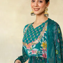 KIMAYRA Women Floral Printed Regular Thread Work Pure Cotton Kurta with Palazzos & With Dupatta image 5