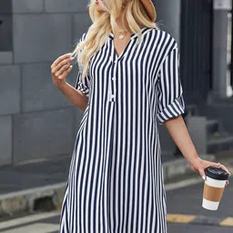 The Roadster Lifestyle Co Women Striped Mandarin Collar Above Knee Dress-image-21