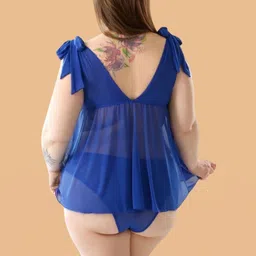 ZERJAMA Women Plus Size Bow Shoulder Mesh Babydoll Dress With Matching Brief image 4