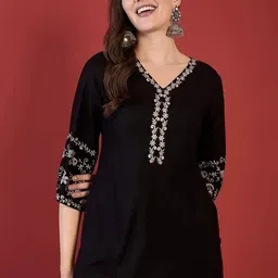 mahira's comfort Party Regular Sleeves Embroidered Women Black Top-picture-12