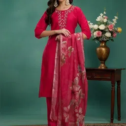 Sangria Floral Yoke Design Thread Work Straight Kurta With Trouser & Dupatta-picture-31