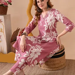 PRISCA Floral Printed V-Neck Pure Cotton Straight Kurta With Trousers-picture-28