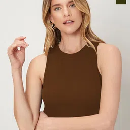 KERI PERRY Brown & Olive Lycra Sleeveless Round Neck Stretchable fit Crop Top-image-25