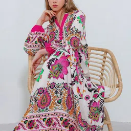 BIGDART Women Floral Print Mandarin Collar Puff Sleeve Maxi Dress image 3