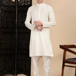 House of Pataudi Textured Mandarin Collar Cotton Straight Kurta-picture-16