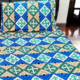 V.R.ENTERPRISES Blue & Green Ethnic Motifs 210 TC Queen Bedsheet with 2 Pillow Covers image 4