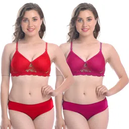 samvar Women Red,Pink Cotton Blend Bra Panty Set for Lingerie Set Undergarments Pack of 2-picture-12