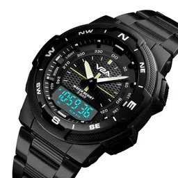 V2A Men Patterned Dial & Stainless Steel Bracelet Style Straps Analogue and Digital Watch SK-1370-Black image 3