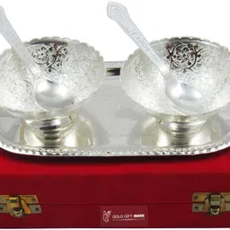 goldgiftideas 4 Inch Silver Plated Two Antique Flower Design Tray, Bowl, Spoon Serving Set image 1