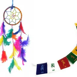 bigwheel Combo Ring Handmade Beaded Down & Feather-Fill Dream Catcher For Car, Room Wall Hanging, Balcony Wool Wind-Chime Decorative Showpiece Ornament And Hanging (Medium Size) Divya Mantra Om Mani Padme Hum Tibetan Buddhist Ladakh Prayer Flags Combo-picture-25