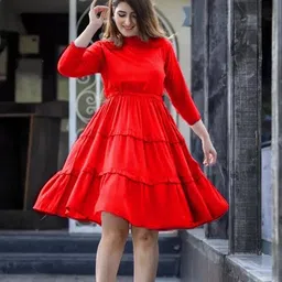 Women Fit and Flare Red Knee Length Dress-image-37