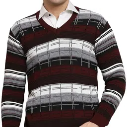 nico wesley Men Striped V Neck Maroon Sweater-picture-22