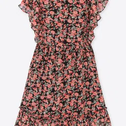CUTECUMBER Girls Floral Print Flutter Sleeve Georgette Fit & Flare Dress image 3