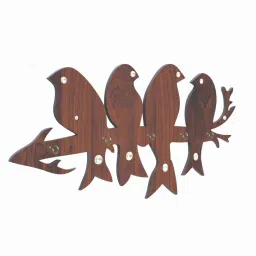 random Birds Walnut Finish Mdf Wall Hanging With 5 Hooks Key Holder image 4