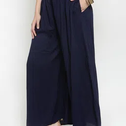 kanjilal Women Flared Dark Blue Viscose Rayon Trousers image 3