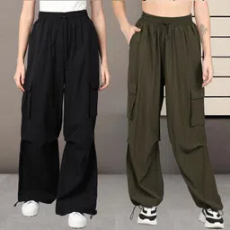 1stlov Pack of 2 Women Loose Fit Black, Dark Green Polyester Trousers-picture-24