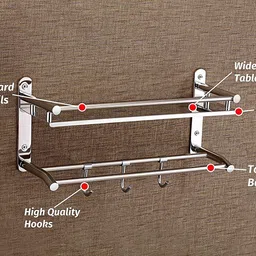 suzi High Grade Stainless Steel Multipurpose 2 Tier Bathroom Shelf with Towel Holder Silver Towel Holder image 2