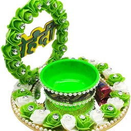 the handvark Mehendi Plater with Stand Green & White Flower Design | Mehendi Function Wood, Glass Decorative Platter image 3