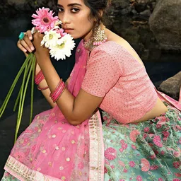 FABPIXEL Floral Embroidered Sequinned Semi-Stitched Lehenga Choli With Dupatta image 5
