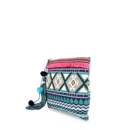ASTRID Blue & Off-White Woven Design Travel Pouch With Tassels image 4