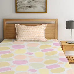 KLOTTHE Yellow & Pink Printed 300 TC Single Bedsheet & 1 Pillow Cover image 3