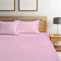 KLOTTHE Pink & White Printed 300TC Fitted Double King Bedsheet With 2 Pillow Covers image 5