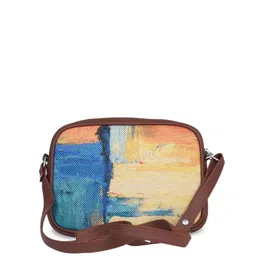 ZOUK Women Blue & Yellow Abstract Print Vegan Handcrafted Leather Sustainable Sling Bag image 4