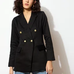Women Solid Double Breasted Casual Blazer-image-1