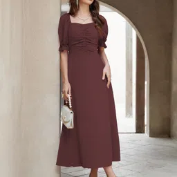 sugathari Women A-line Brown Midi/Calf Length Dress image 4