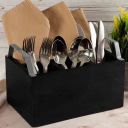Metalsmith Premium Solid Wood Cutlery Holder With Metal Handle | Multipurpose Cutlery Organiser I Tableware Storage Box l Black & Silver image 1