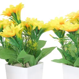 litleo Set of 2 For Home Office Or Gift Yellow, Green Hibiscus Artificial Flower with Pot image 2
