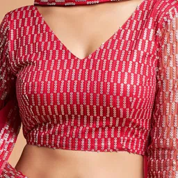 FABPIXEL Pink & Silver-Toned Embroidered Sequinned Kalamkari Semi-Stitched Lehenga & Unstitched Blouse With image 5