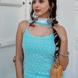 Lavanya The Label Women Blue & White Embroidered Kurta with Patiala & Dupatta image 2