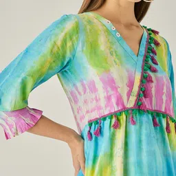 The Kaftan Company V-Neck Tie and Dye Dyed A-Line Cotton Midi Dress With Tassels image 2