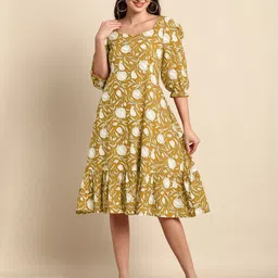 Janasya Floral Print Puff Sleeve A-Line Midi Dress image 3